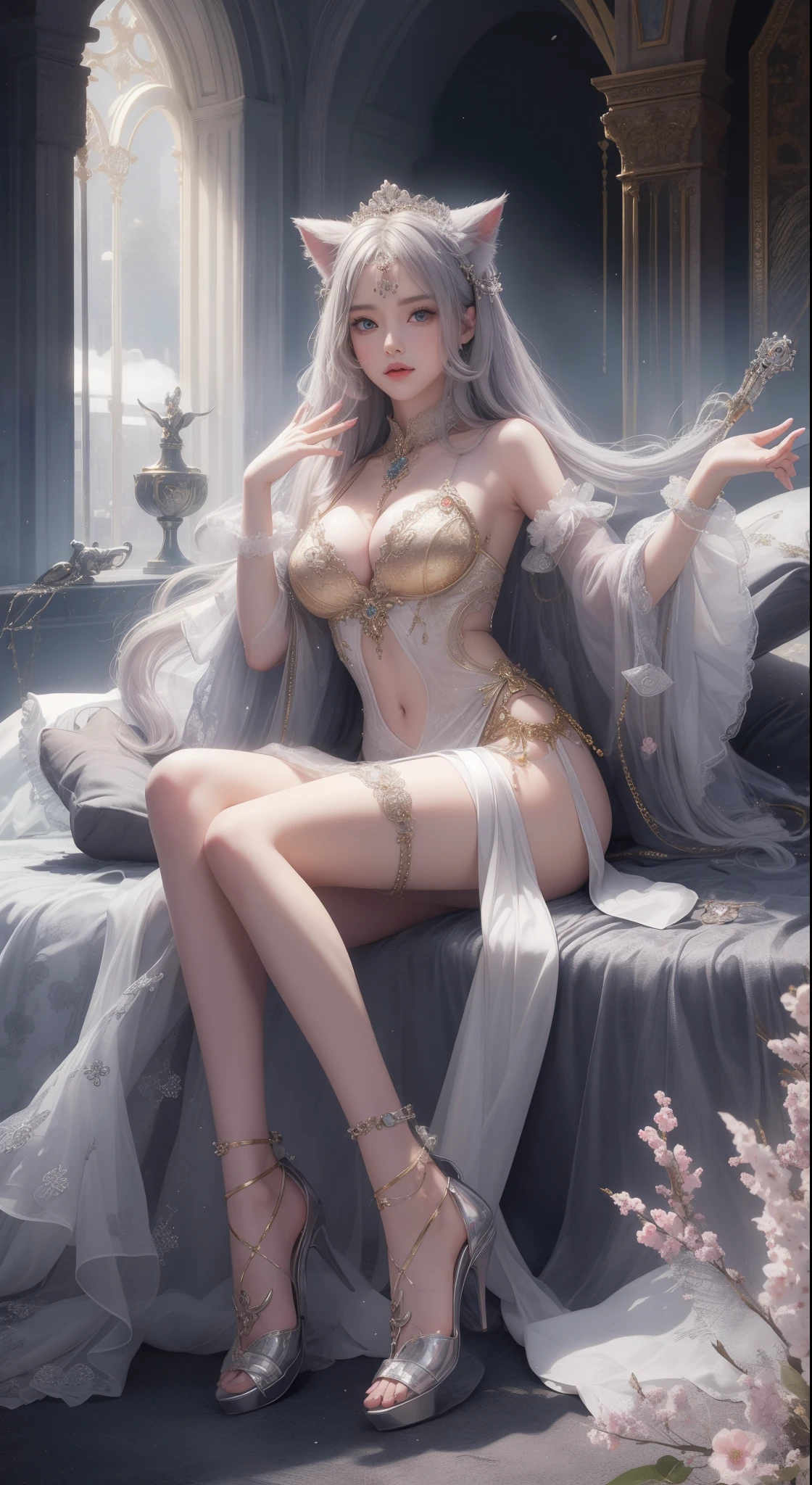 tmasterpiece,Highest image quality,Beautiful bust of the noble cat queen,cat ear,Cat tail delicate silver hairstyle,Clear golden eyes,A dazzling array of intricate jewelery adorns the chunky, Plush clothes。Plush clothing,Leather heels,Ultra-detailed details,advanced。At the Pixiv Art Station,Break your own power,,The kinky exposed,R-18G