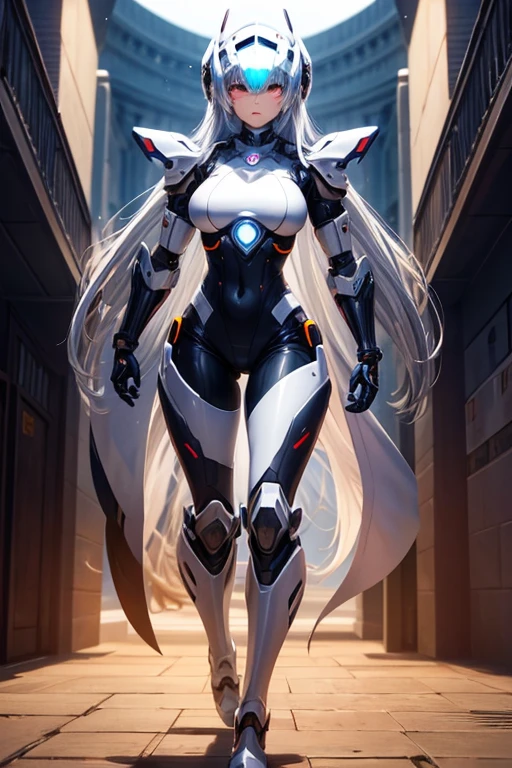 front of the camera, fullbody, girl, white bluish hair, technological robotic armor, big breasts, orange details, with a futuristic robotic helmet that covers her entire head