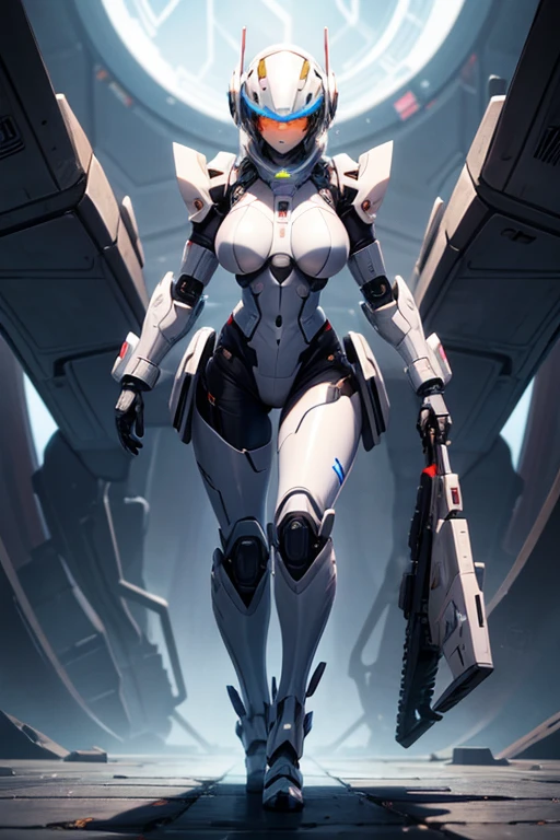 front of the camera, fullbody, girl, white bluish hair, technological robotic armor, big breasts, orange details, with a futuristic robotic helmet that covers her entire head