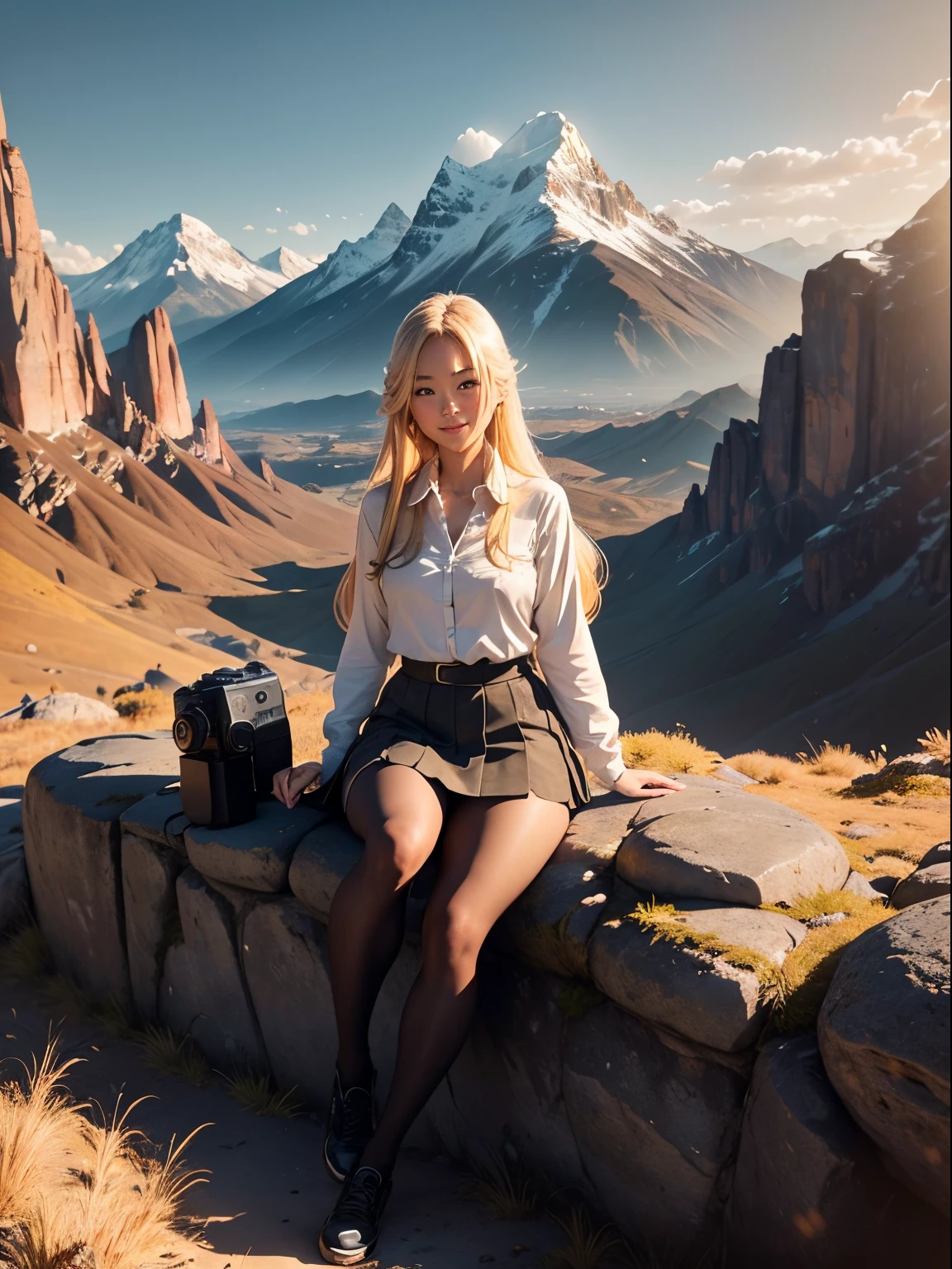 Show entire body, full body view, feet in view, Gorgeous Asian female, long blonde hair, tight button down shirt, very short skirt, black pantyhose, canvas shoes, sunlight shining on legs, cute smile, majestic mountain landscape, with rugged peaks towering into the sky and a lush valley below. The setting sun bathes the scene in warm, golden hues, casting long shadows across the rocky terrain. The camera used a professional-grade mirrorless camera equipped with a wide-angle lens, allowing for stunning panoramic shots of the expansive mountain range. The lighting natural, accentuating the rugged textures and vibrant colors of the landscape.