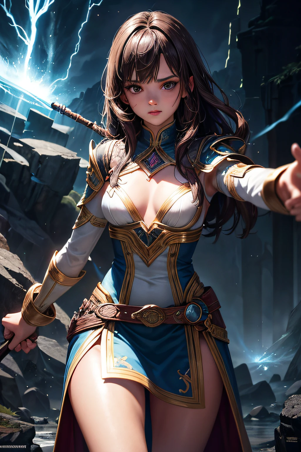 , southamerican, brown hair, lightning mage, sorceress, lightning goddess, streams of lightning covering her body, mages dress made of lightning, controling all lightning around her, makes lightning around her body, wielding a magic staff, ancient cave in background, sexi, small breasts, , highly detailed, vibrant appearance, creative behavior, extremly detailed, imaginative, sensual, spontaneous, highest quality, skin texture, intricate details, (cinematic lighting), RAW photo, 8k, masterpiece,best quality,ultra-detailed,very detailed illustrations,extremely detailed,intricate details,highres,super complex details,extremely detailed 8k cg wallpaper,