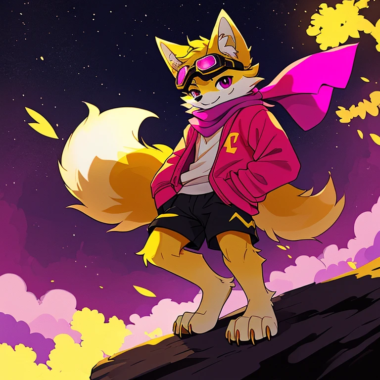 (A character), (Fox with yellow fur and white chest), (under the snout is white), (yellow fur), (tip of the tail white), (wears a magenta sweater), (light blue scarf), ( yellow cap with orange visor), (orange visot), (magenta eyes), (slender and fit body), (appears apparently thin but strong), (relaxed expression), (male), (medium height), (solitary), (solo), (white eyebrows), (yellow legs), (yellow hat), (golden fur), (golden yellow fur), (small dark yellow claws), (4 toes on his paws), (magenta eyes), fluffy, (fluffy fur), goggles, (black glass goggles)
