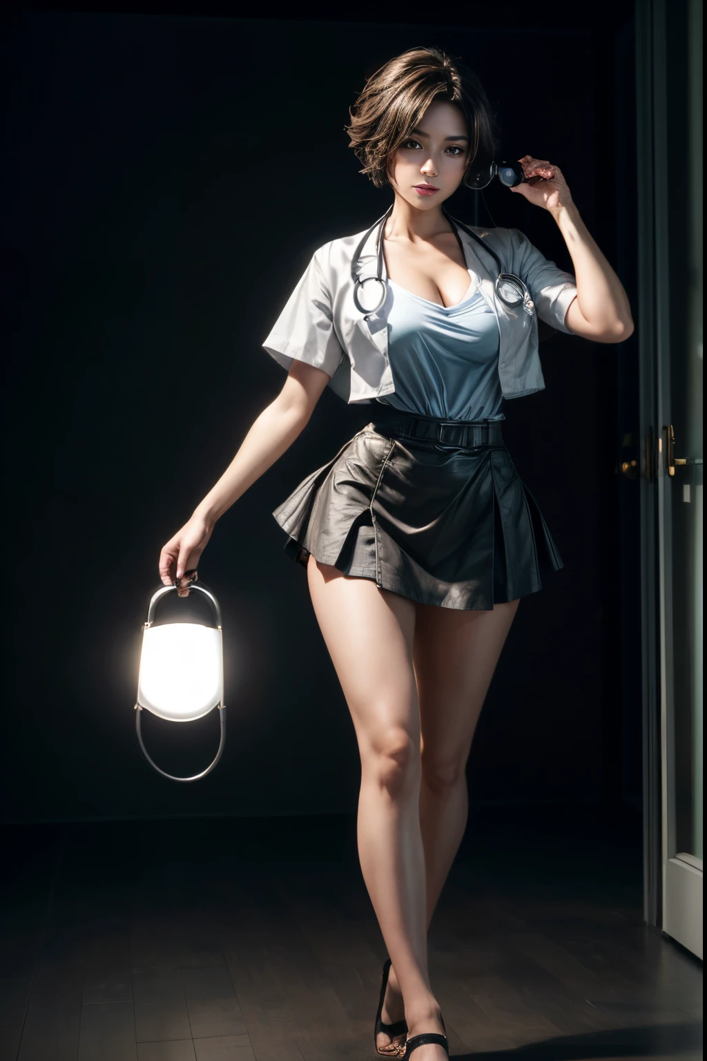 Photorealistic beautiful doctor、stunningly beautiful, Doctor Fashion、(top-quality、8K、32K、masterpiece、nffsw:1.3)、超A high resolution,(Photorealsitic:1.4),Raw photography, Detailed face,,Beautiful Short hair, ((Doctor Style)), , tight skirts、 Natural makeup, Breast cleavage, Medium full breasts、inside hospital, Detailed background, Perfect Lighting, depth of fields, Beautiful shadow gradient,stethoscope , (((fullbody))), whole body capture, fullbody, legs wide open, open legs, black pubic hair, eyes on camera, details eyes, beautiful eyes,