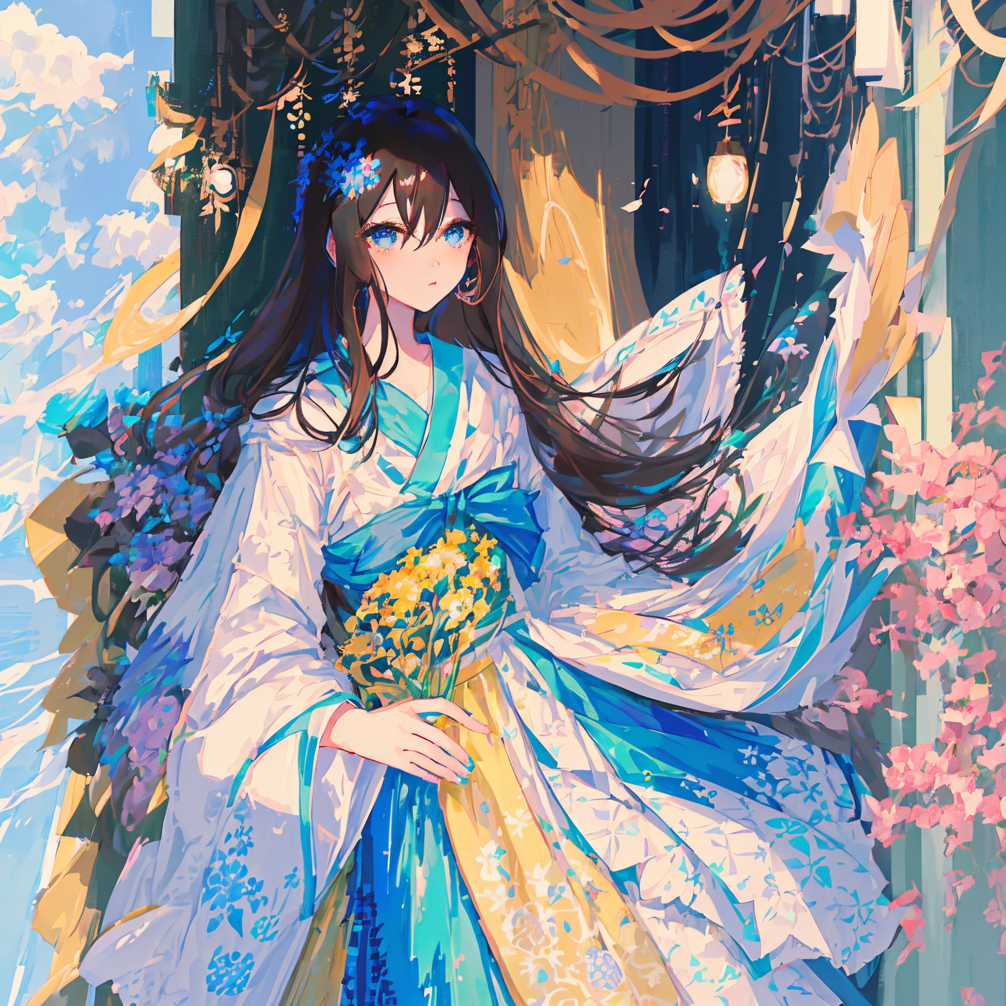 (retrato, Enfoque facial) de un (1girl) con (ojos green) (long straight dark brown hair) fluyendo por su espalda en (Olas sueltas). Viste un blanco llamativo (quimono) con un (Blue floral pattern), personificyo el elegante encanto de la (Yamato Nadeshiko) y estilo cyberpunk.