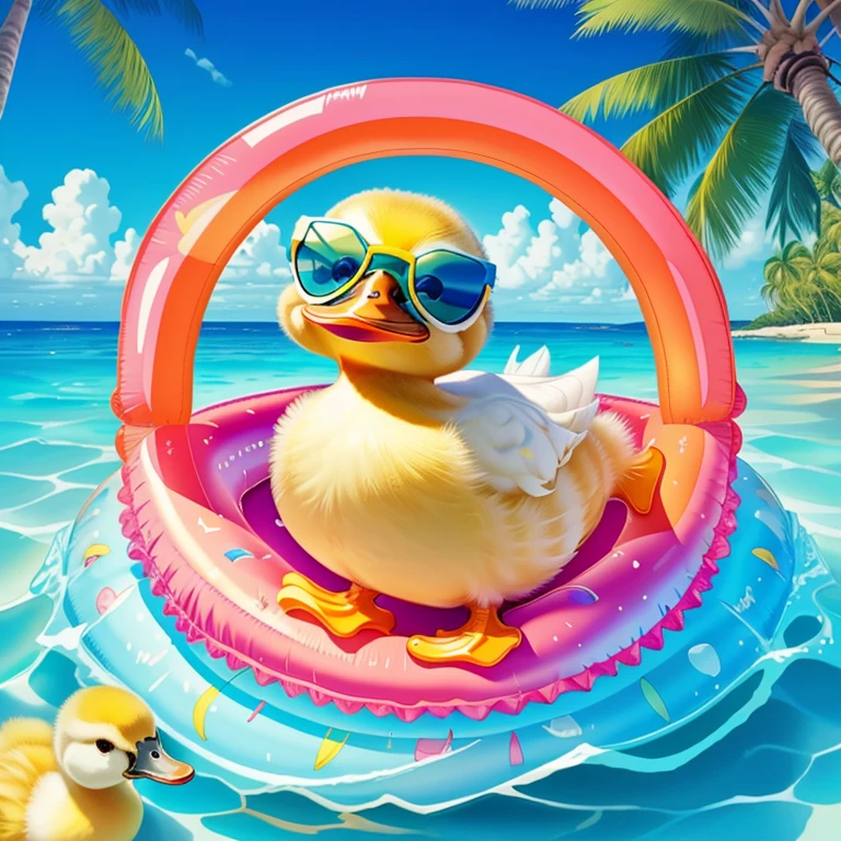 (cute duckling smiling in a inflatable ring with sun glasses, beautiful sea and an island with palm trees) Munchkin ,Geometric multidimensional wall portrait, livro de arte, Tchibi,
Yang08k, Beautiful, Colouring,
Obras, of the highest quality, best quality, Arte Oficial, Beautiful and Aesthetic,