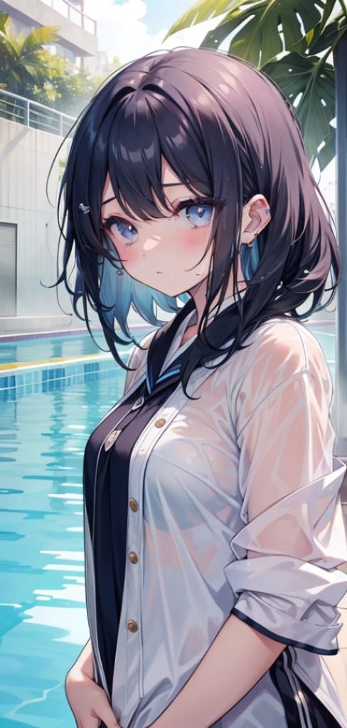 1 girl, watery big eyes*Su Jiushui*Wet hair*hair open*ear studs*swimmingpool>,, Low RA:Add to_the detail:1