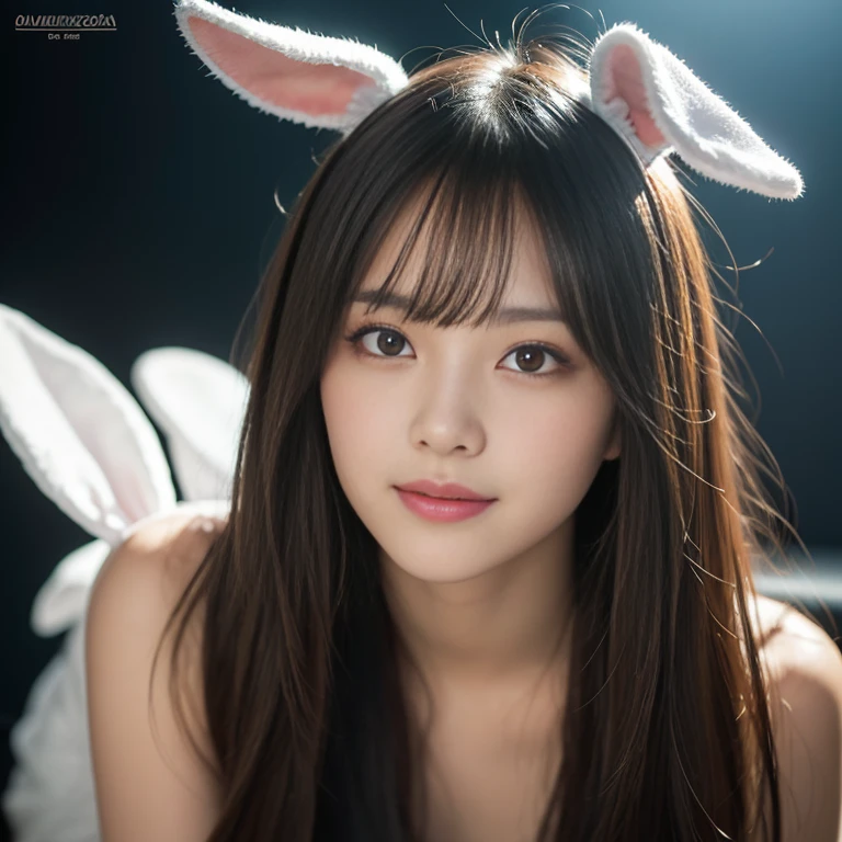 In the nightclub, (Raw photo: 1.2),  beautiful long hairs, crazy long hairs, super long hairs, long hair, crazy long hairs, super long hairs, of the highest quality, Beautiful detailed girl, Bunny ears, Smile, Highly detailed eyes and face, Beautiful detailed eyes, Huge file size, High resolution, High resolution, 8K Wallpaper, Fine detail, Highly detailed ticker uniform 8K wallpaper, Light on Face, Movie Lighting, 25-year-old girl, Sexy Pose, (Photorealism: 1.4), Illustration, surrealism, From below, Super Detail, masutepiece,  Bunny Costume, fishnets pantyhose, On all fours
