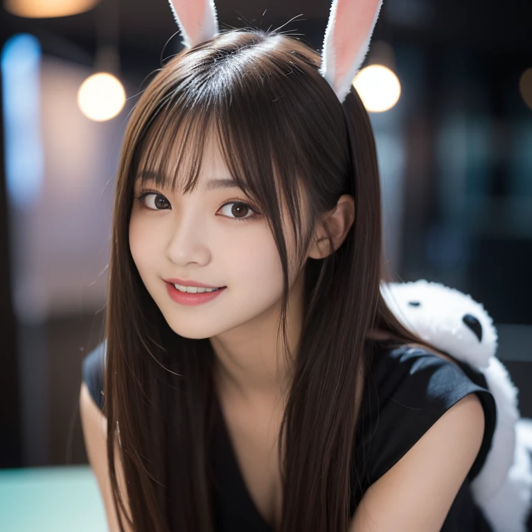 In the nightclub, (Raw photo: 1.2), beautiful long hairs, crazy long hairs, super long hairs, long hair, crazy long hairs, super long hairs, of the highest quality, Beautiful detailed girl, Bunny ears, Smile, Highly detailed eyes and face, Beautiful detailed eyes, Huge file size, High resolution, High resolution, 8K Wallpaper, Fine detail, Highly detailed ticker uniform 8K wallpaper, Light on Face, Movie Lighting, 25-year-old girl, Sexy Pose, (Photorealism: 1.4), Illustration, surrealism, From below, Super Detail, masutepiece, Bunny Costume, fishnets pantyhose, On all fours