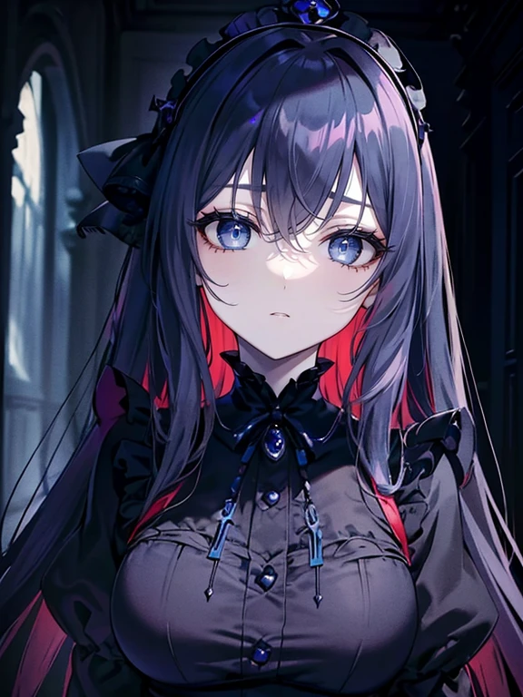 (masutepiece,Best Quality,Ultra-detailed),1girl in,beautiful and detailed face, Detailed eyes、odd eye,Looking at Viewer,((dark blue theme),((slight smile、Redness of the cheeks)),A little tired look,diadems,Gothic Maid uniform,(Foreground),In the old mansion,hallway,Dark