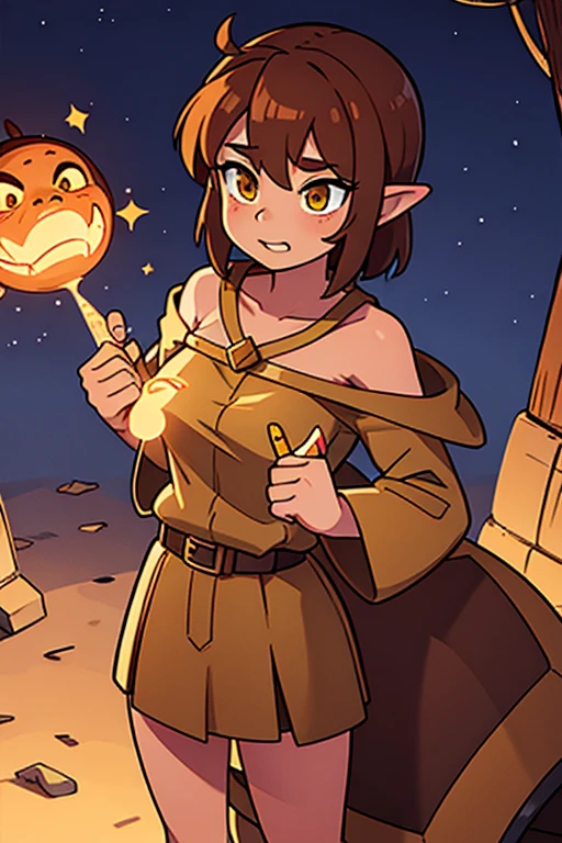 A Busty Female Goblin Barbarian with coppery brown skin and light brown hair and yellow eyes (NSFW)