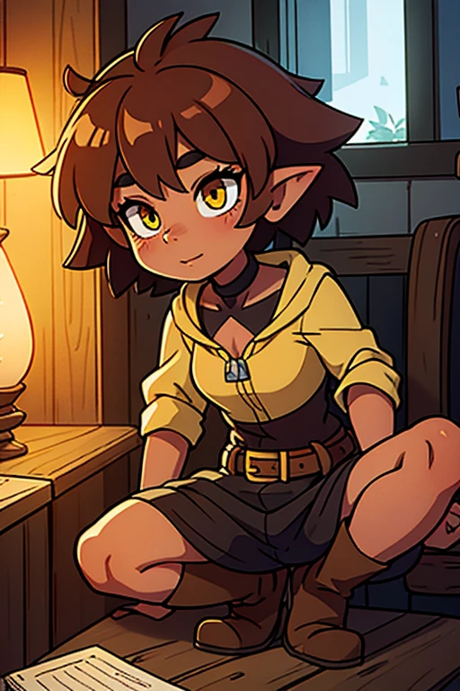 A Female Goblin Mage with coppery brown skin and light brown hair and yellow eyes