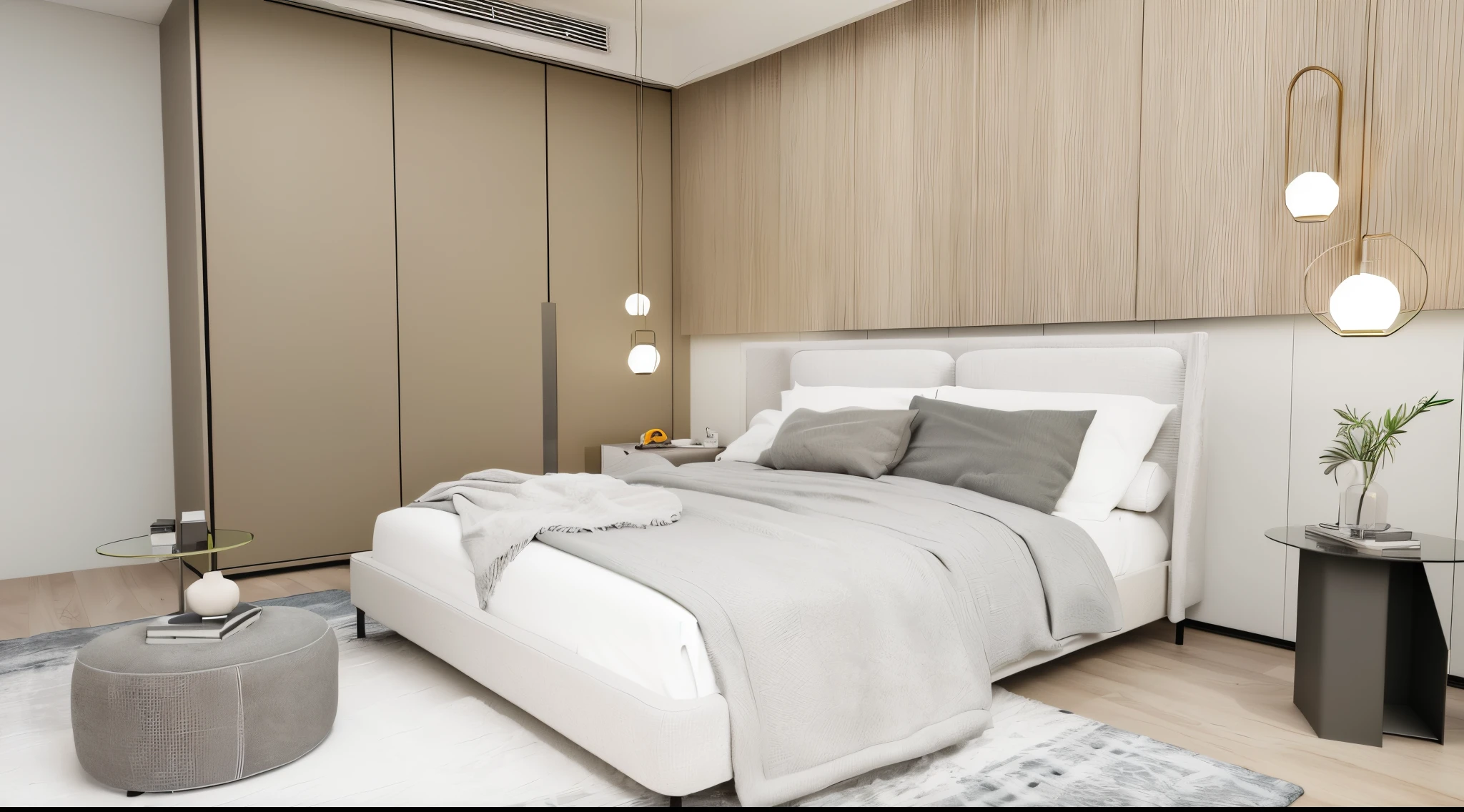 there is a bed with a white headboard and a gray blanket, bed room, Bedroom Interior, Small bedroom, Cream-colored room, bed room, white bed, inside of a bedroom, A serene bedroom environment, high quality 3d render, high quality 3d render, rendered in corona, in style of kyrill kotashev, Rendering to Vray