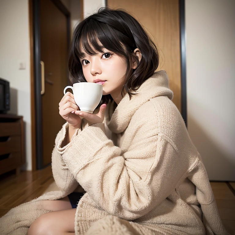Cute woman wrapped in a fluffy blanket、((25-years old))、japanes、sitting on、1 girl in、Japanese narrow studio apartment、Hold a ceramic coffee cup with both hands、viewer looking down、a picture、35mmfilmg、Sleepy face、short-hair、waved hair、disheveled hair、Fix、no-makeup、Plump lips、Detailed finger