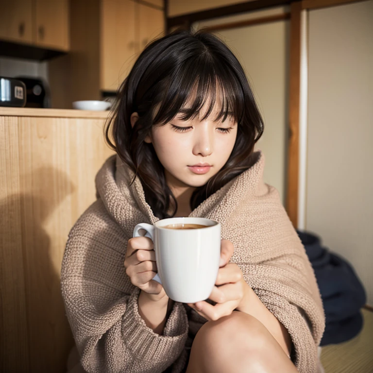 Cute woman wrapped in a fluffy blanket、((25-years old))、japanes、sitting on、1 girl in、Japanese narrow studio apartment、Hold a ceramic coffee cup with both hands、viewer looking down、a picture、35mmfilmg、Sleepy face、short-hair、waved hair、disheveled hair、Fix、no-makeup、Plump lips、Detailed finger