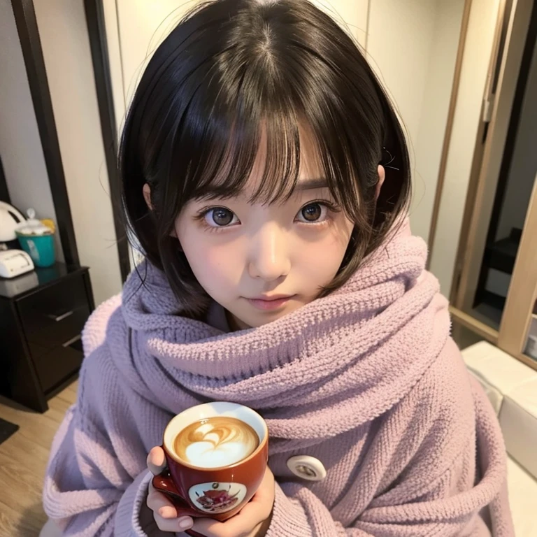 Cute woman wrapped in a fluffy blanket、((25-years old))、japanes、sitting on、1 girl in、Japanese narrow studio apartment、Hold a ceramic coffee cup with both hands、viewer looking down、a picture、３５ｍｍfilmg、Sleepy face、short-hair、waved hair、disheveled hair、Fix、no-makeup、Plump lips、Detailed finger