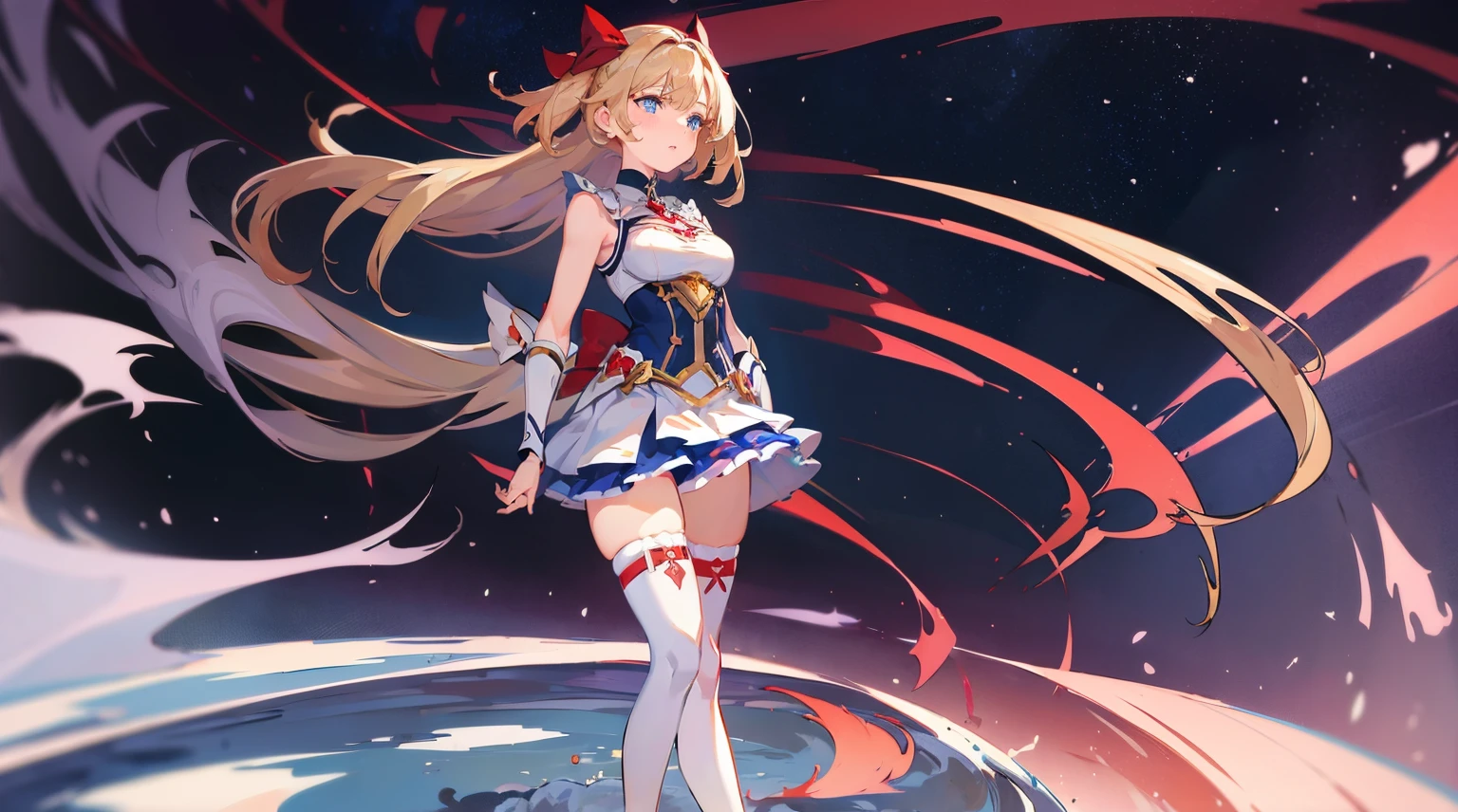 (masterpiece), best quality, expressive eyes, perfect face, background, magical girl, ash blonde hair, blue eyes, sleeveless white armor, short skirt, long hair, big breasts, kneesock, armsock, red ribbon on side hair, blue and red pallete, full body, cleavage, standing, thighs, blushing, adult, 1girl