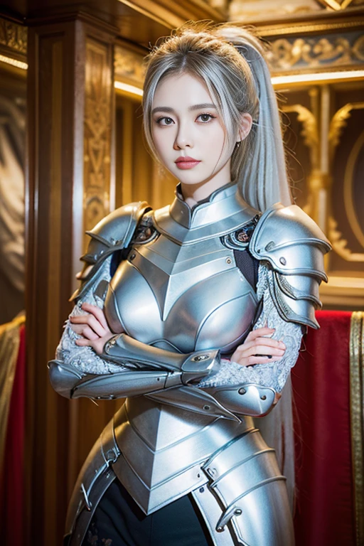 (Tarot card style:1.3), (Anime Style:1.3), masterpiece, Highest quality, Highest Resolution, Anatomically correct, Accurate ???????, (Floral blank background:1.3), (1girl:1.3), 20-year-old, Height: 165cm, Shot from thigh up, (Thick thighs:1.2), (Long Hair, Straight Hair, Silver Hair:1.3), (Squint your eyes, Sharp Eyes, (Iris:1.2)), (Hidden eyelid wrinkles:1.2), Thin eyebrows, Draw eyelashes carefully, Natural Makeup, Chin up, Grin, Slightly to the side, (Full Plate Armor from a Fantasy World:1.3), (Pose a random model:1.2)