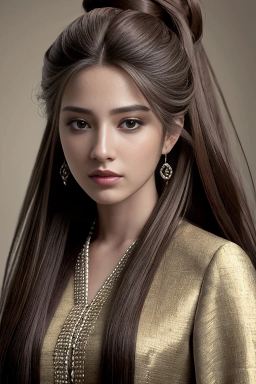 Best quality, masterpiece, ultra high res, portrait, (photorealistic:1.4), raw photo, 1girl, Top Knot, wearing blouse, detailed face textures, beautiful long hairs, crazy long hairs, super long hairs, long hair, crazy long hairs, super long hairs