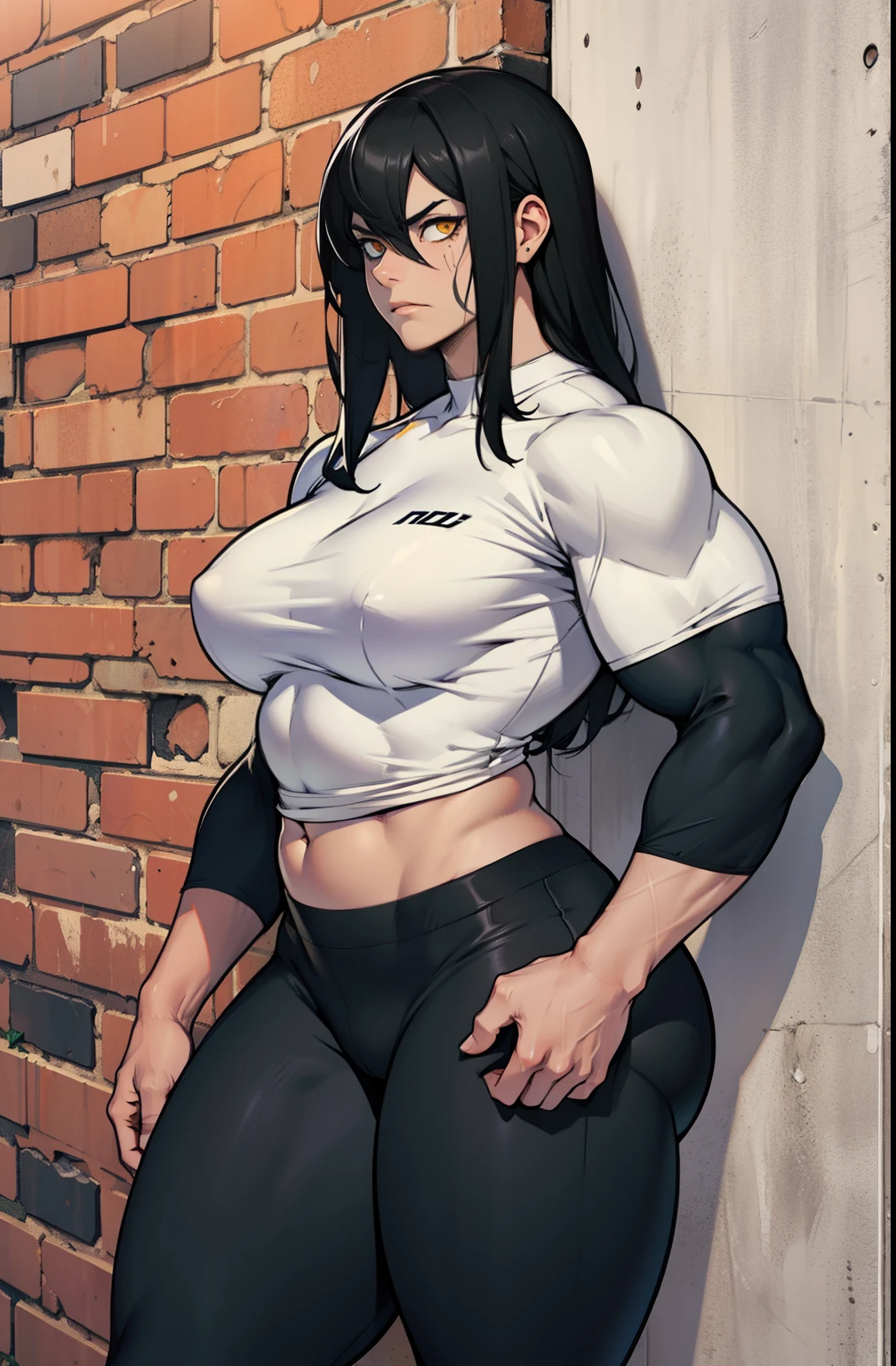 1girl muscular pale skin black hair yellow eyes black against wall frown tight shirt leggings thick thick thick thick muscular muscular muscular muscular muscular