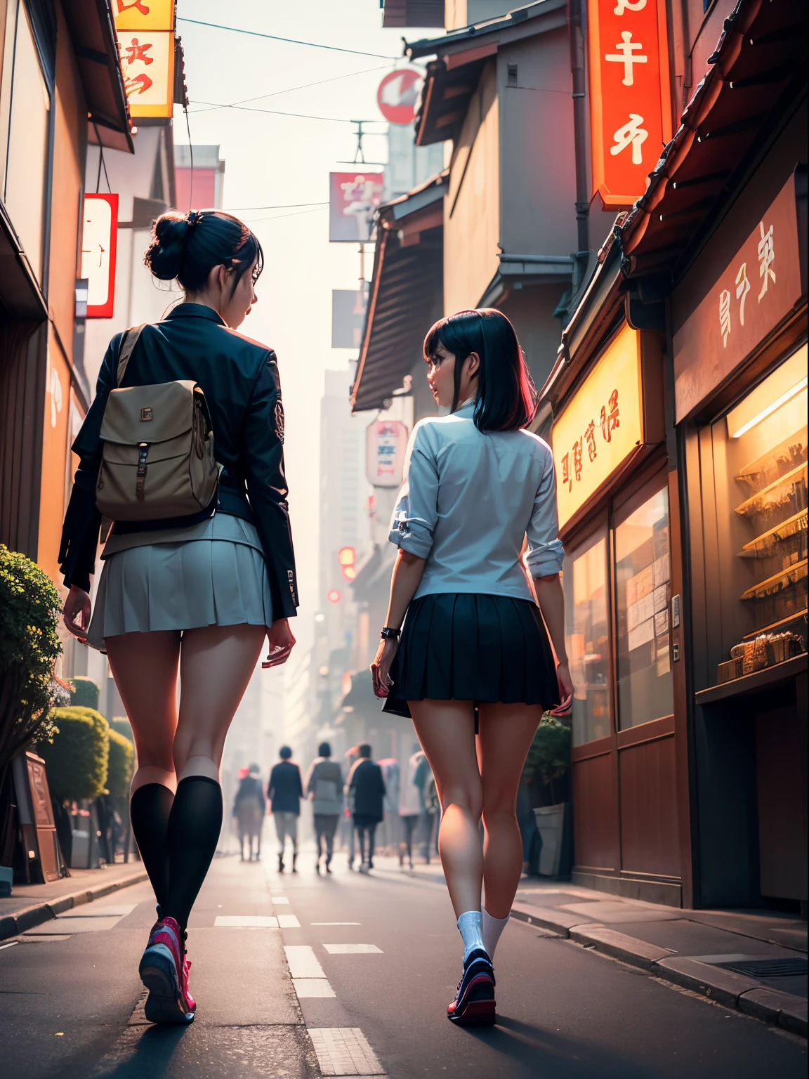 Show entire body, full body view, feet in view, Gorgeous Asian female, American school uniform, very short skirt, pantyhose, canvas shoes, sunlight shining on legs, cute smile, bustling street in urban Japan, alive with vibrant neon lights and a fusion of modern and traditional architecture. The lighting is a mix of neon signs illuminating the streets and ambient city lights, creating a dynamic and colorful atmosphere. In this scene, a person walks along the bustling street, surrounded by a blend of traditional temples juxtaposed with modern skyscrapers, embodying the harmonious coexistence of history and innovation in Japanese urban life.
