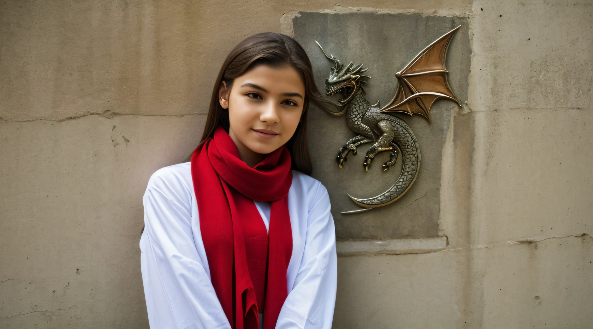 Menina LOIRA de 10 anos, with red scarf,
a close-up of a poster of a dragon on a green tiled wall,