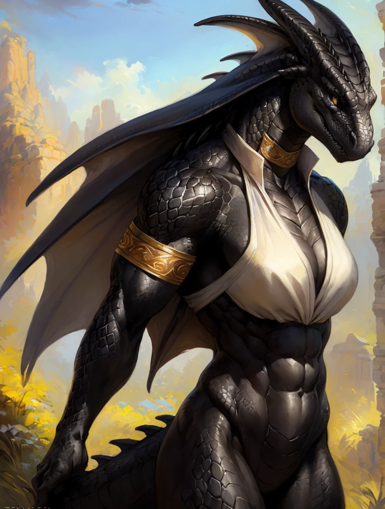 Dragon girl, big chest, day, sexy, sensual, detailed, uploaded to e621, beautiful and detailed portrait of an powerful anthropomorphic dragon ((female))) kenket, ross tran, ruan jia, uploaded to e621, zaush, foxovh, scalie, silver scalie, standing, open legs, long hair, muscular, large breats, epic realism, Black skin, Large neckline, (masterpiece, best quality:1.2), choker, tunic, black cloak, formal, White suit, muscular female, Shirt, suit, ((dark scales)), Black scales, Defense armband, solo, ((muscular)), veins, strong, veins, abs, frowning