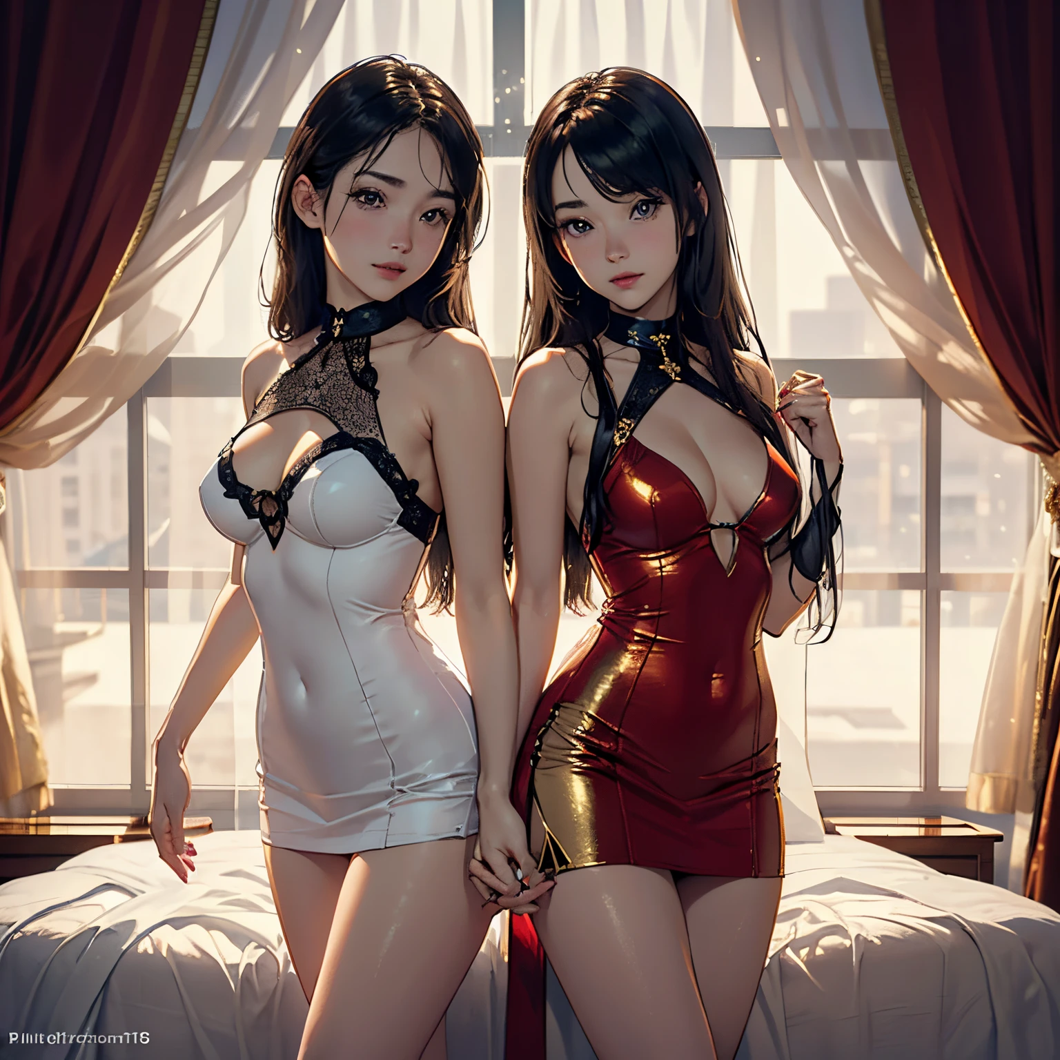 ((Raw photography,top-quality,hight resolution,Ray tracing,nffsw,Best Quality,Post-processing,portlate.3D,),(( dark red leather BDSM,Gorgeous gold embroidery on shiny dark red leather bondage,showy,tight skirts,))),Long black hair,Big breasts that emphasize cleavage:3.0,Thin leg,Brown eyes,Elaborate limb representation,a small nose,Have a perfect body,sleeveless,)))((Limbs are２facing,Number of fingers５Accurately depicted in the book、Hands are lightly clasped,Complex fishnet stockings,pin heels,Precise finger depiction,)),((tthin eyebrows,long eyelashes,smil,二重まぶた,Vibrant eyes，)),No title required,Do not wear anything on your shoulders,Create beautiful light effects on the background,Light Particle Filter,(finerly detailed face:1.3),Luxury hotel rooms,Luxurious room,、１６age
