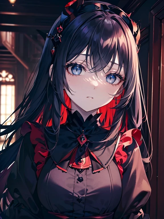 (masutepiece,Best Quality,Ultra-detailed),1girl in,beautiful and detailed face, Detailed eyes、left eye is bright green、right eye dark red,Looking at Viewer,((dark blue theme),((slight smile、Redness of the cheeks)),A little tired look,diadems,Gothic Maid uniform,(Foreground),In the old mansion,hallway,Dark