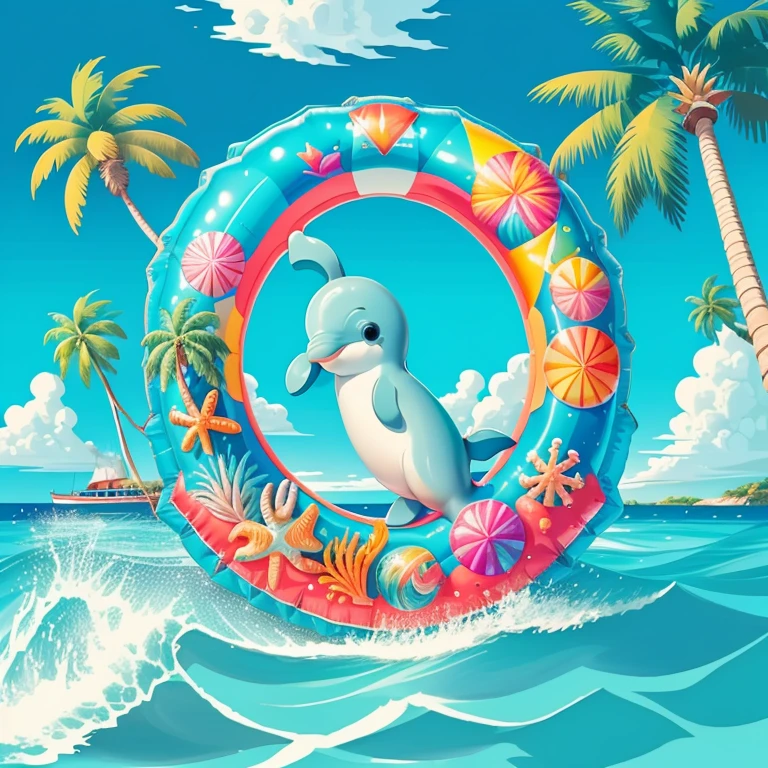 (cute dolphin smiling in a inflatable ring, beautiful sea and an island with palm trees) Munchkin ,Geometric multidimensional wall portrait, livro de arte, Tchibi,
Yang08k, Beautiful, Colouring,
Obras, of the highest quality, best quality, Arte Oficial, Beautiful and Aesthetic,