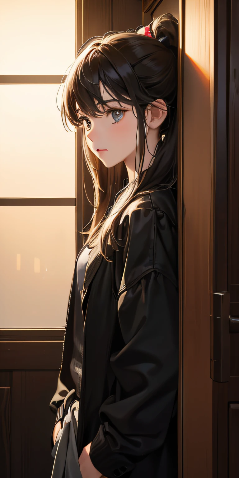 (HighDynamicRange:1.3),hyper HD,8K,Best quality at best,(tmasterpiece:1.3),The  very detailed,Ultra-fine painting,Sharp,bleak, in-house, Riman, dimly lit, fumo, lots of people, closeup cleavage,(Alone:1.2),1人,Outside the door, astonishment, Permanent,  shocked