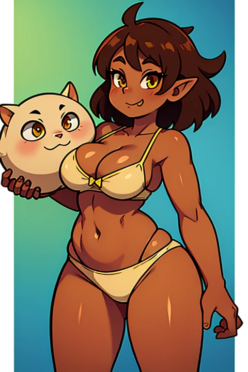 A Curvy Female Goblin with coppery brown skin and light brown hair and yellow eyes