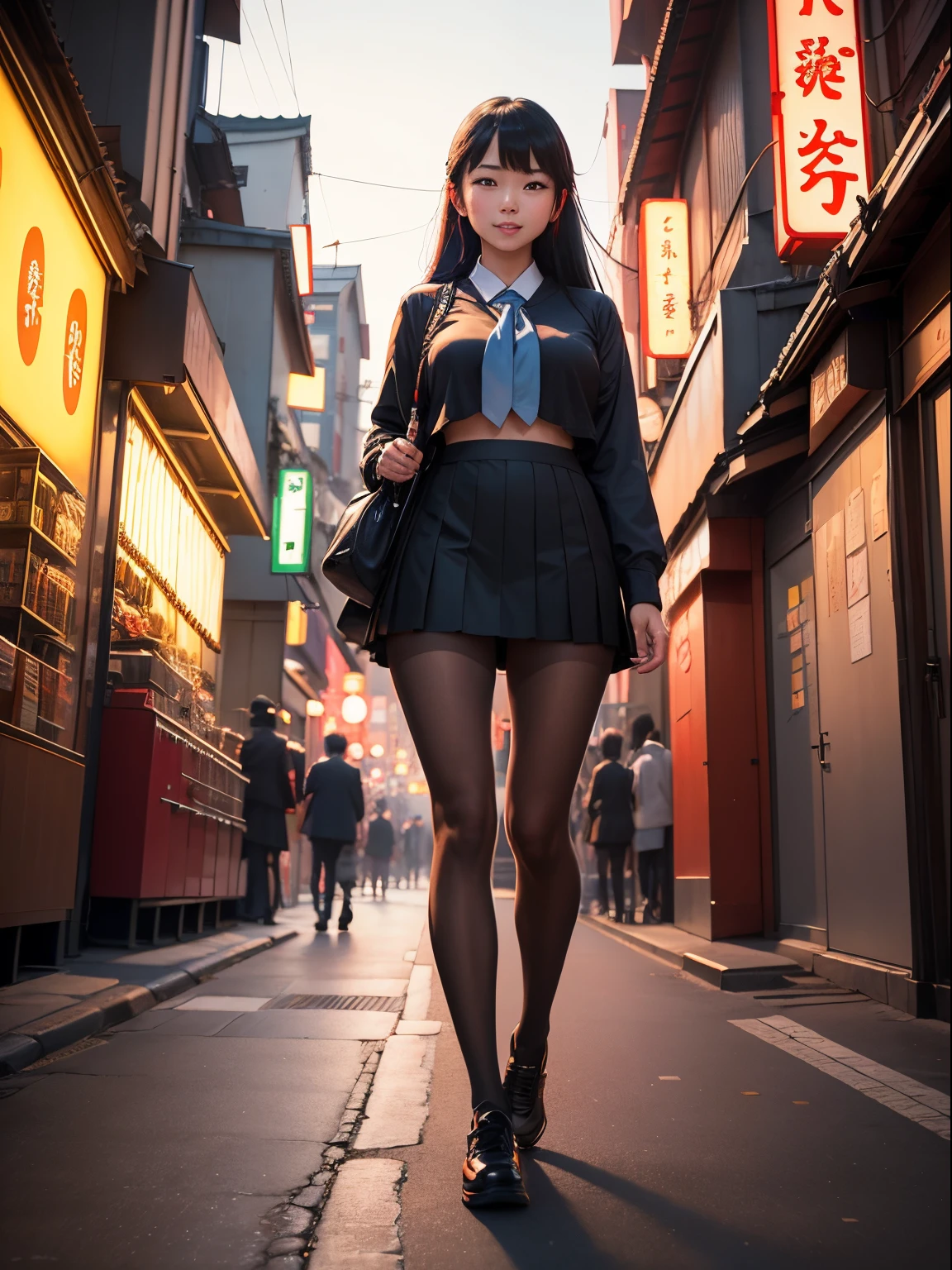 Show entire body, full body view, feet in view, Gorgeous Asian female, American school uniform, very short skirt, black pantyhose, canvas shoes, sunlight shining on legs, cute smile, bustling street in  Japan, alive with vibrant neon lights and a fusion of modern and traditional architecture. The lighting  a mix of neon signs illuminating the streets and ambient city lights, creating a dynamic and colorful atmosphere. In this scene, a person walks along the bustling street, surrounded by a blend of traditional temples juxtaposed with modern skyscrapers, embodying the harmonious coexistence of history and innovation in Japanese  life.