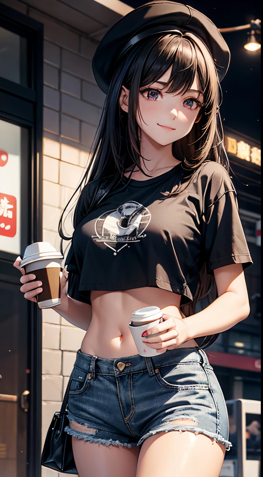 (masterpiece, Best Quality, ultra-detailed, high resolution, extremely detailed CG, official art, Professional Lighting, Perfect ???????, anime colors), (from below), looking at viewer, cowboy shot, perfect body, 24yo beautiful 1girl, Large breasts, black t-shirt, bare stomach, denim micro shorts, skindantation, bare legs, cap, nail_polish, pale skin, gleaming skin, black hair, long hair, side locks, Straight hair, pink eyes, (smile), Waiting friend,
break (dark night:1.5), tokyo, (convenience store:1.3), outdoor, (depth of field:1.5),
break walking, (Hold a coffee in your hand:1.3)