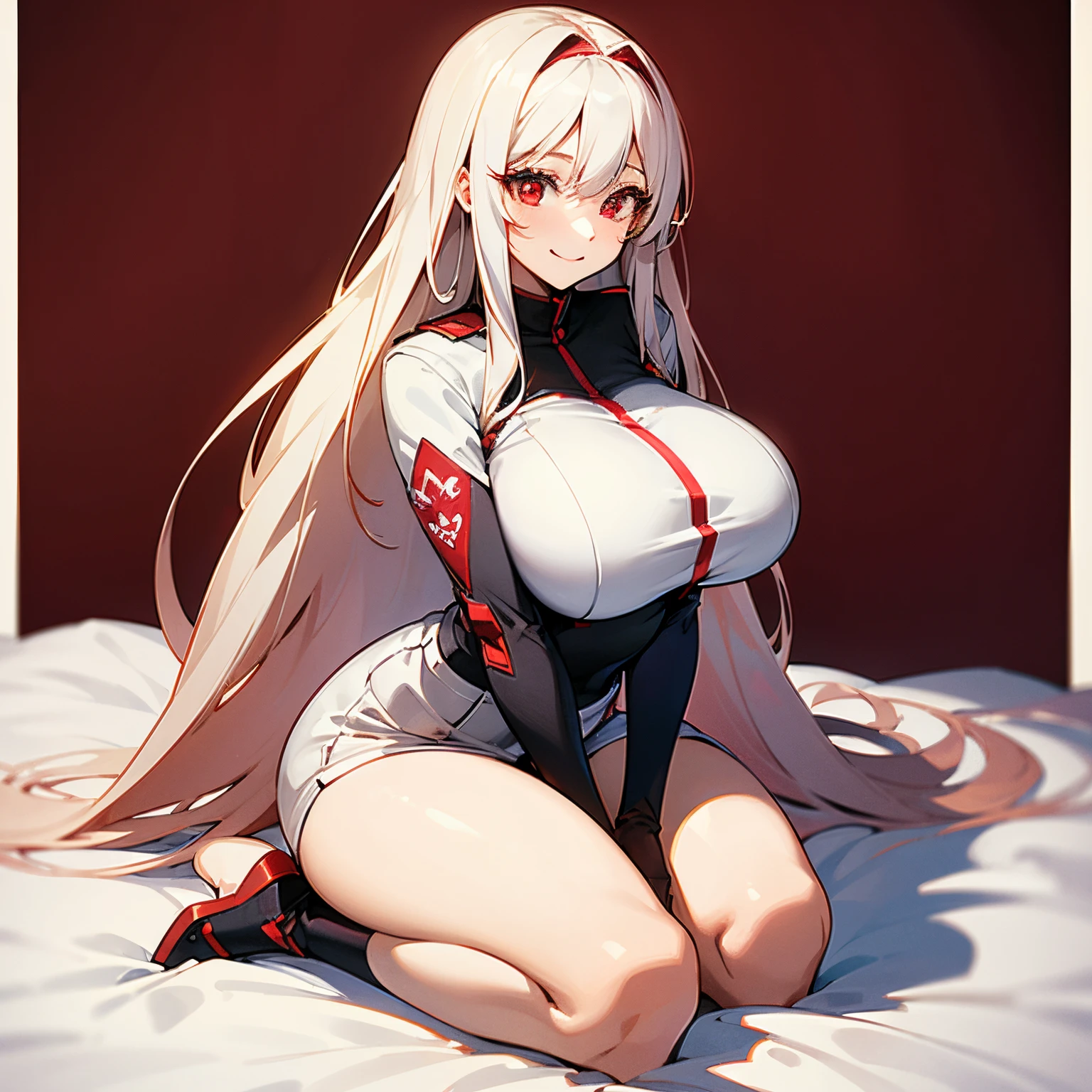 {{masterpiece}}, best quality, anime style, female, big breasts, white long hair, red eyes, 22 years old, smiling, full body, sitting on a bed