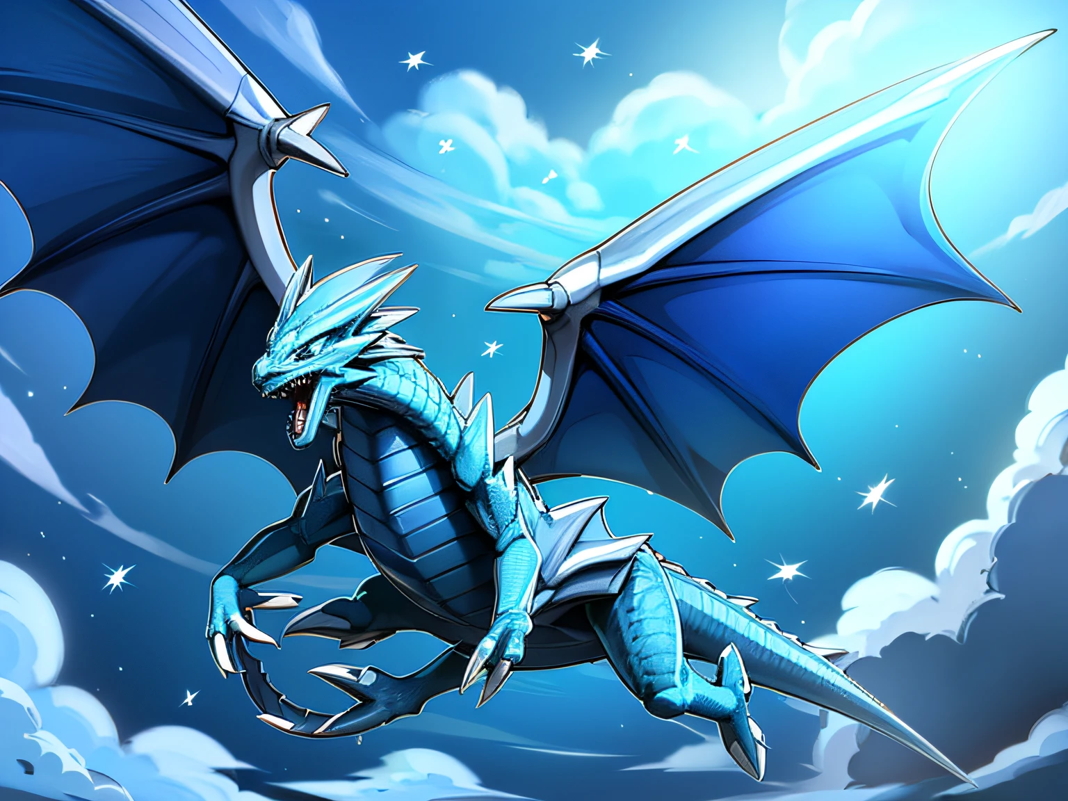 A blue dragon flying over the sea., Its scales are small and have an emerald touch, sus alas son de color azul cielo, y sus ojos son azules.