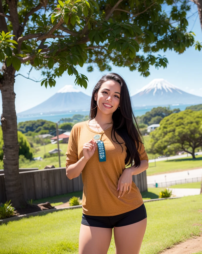 mulher sorridente com camisa laranja segurando uma medalha em um parque, belos arredores, with a volcano in the background, 1 st winner, com montanhas ao fundo, com montanhas no fundo, divertindo-se, com um parque ao fundo, competition winning, Karla Ortiz, Moutain no fundo, Alanis Guillen, segurando um ouro! cane!
