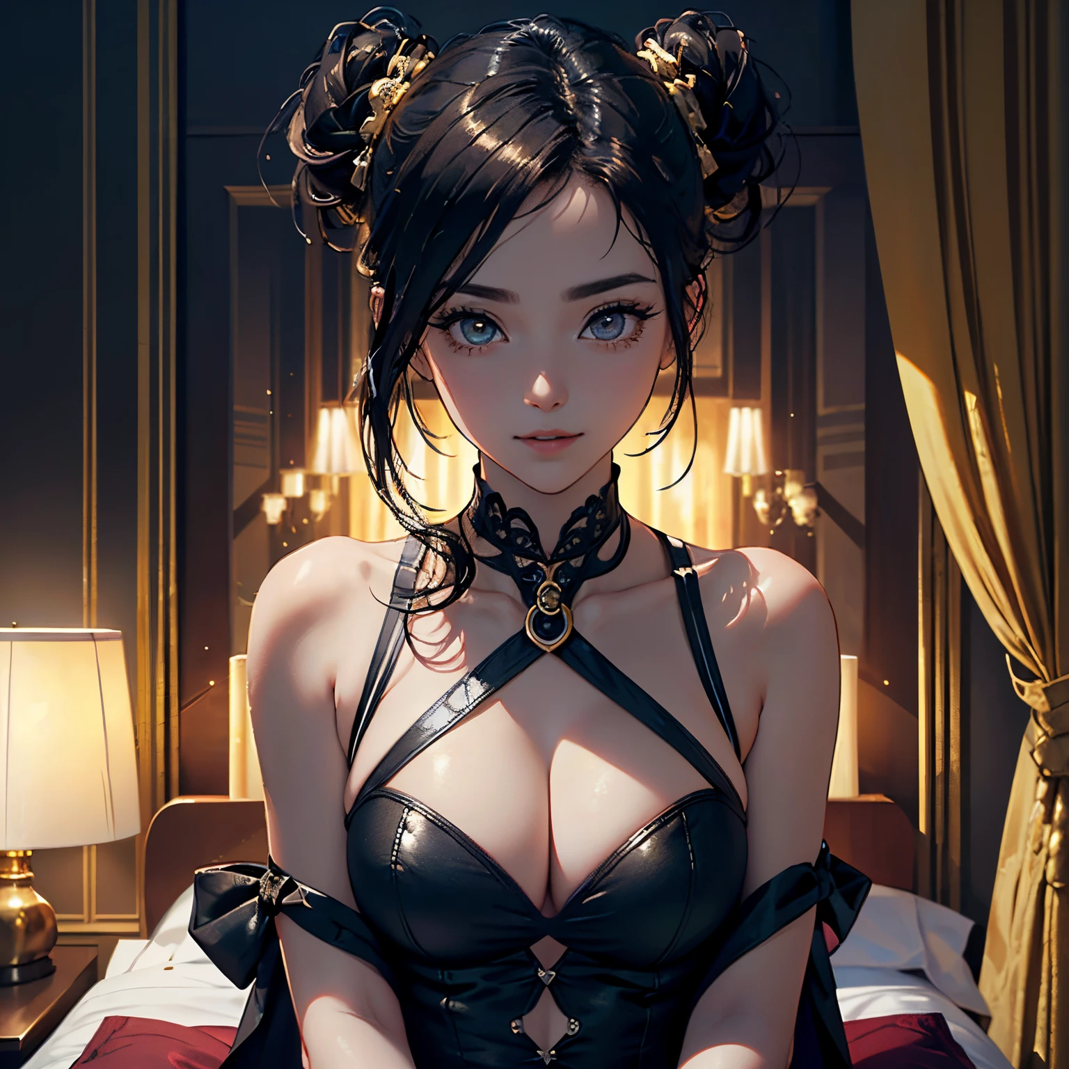 ((Raw photography,top-quality,hight resolution,Ray tracing,nffsw,Best Quality,Post-processing,portlate.3D,),(( dark black leather BDSM,Gorgeous gold embroidery on shiny dark black leather bondage,showy,tight skirts,))),Long black hair,Big breasts that emphasize cleavage:3.0,Thin leg,Brown eyes,Elaborate limb representation,a small nose,Have a perfect body,sleeveless,)))((Limbs are2facing,Number of fingers5Accurately depicted in the book、Hands are lightly clasped,Complex fishnet stockings,pin heels,Precise finger depiction,)),((tthin eyebrows,long eyelashes,smil,二重まぶた,Vibrant eyes,)),No title required,Do not wear anything on your shoulders,Create beautiful light effects on the background,Light Particle Filter,(finerly detailed face:1.3),Luxury hotel rooms,Luxurious room,、16age