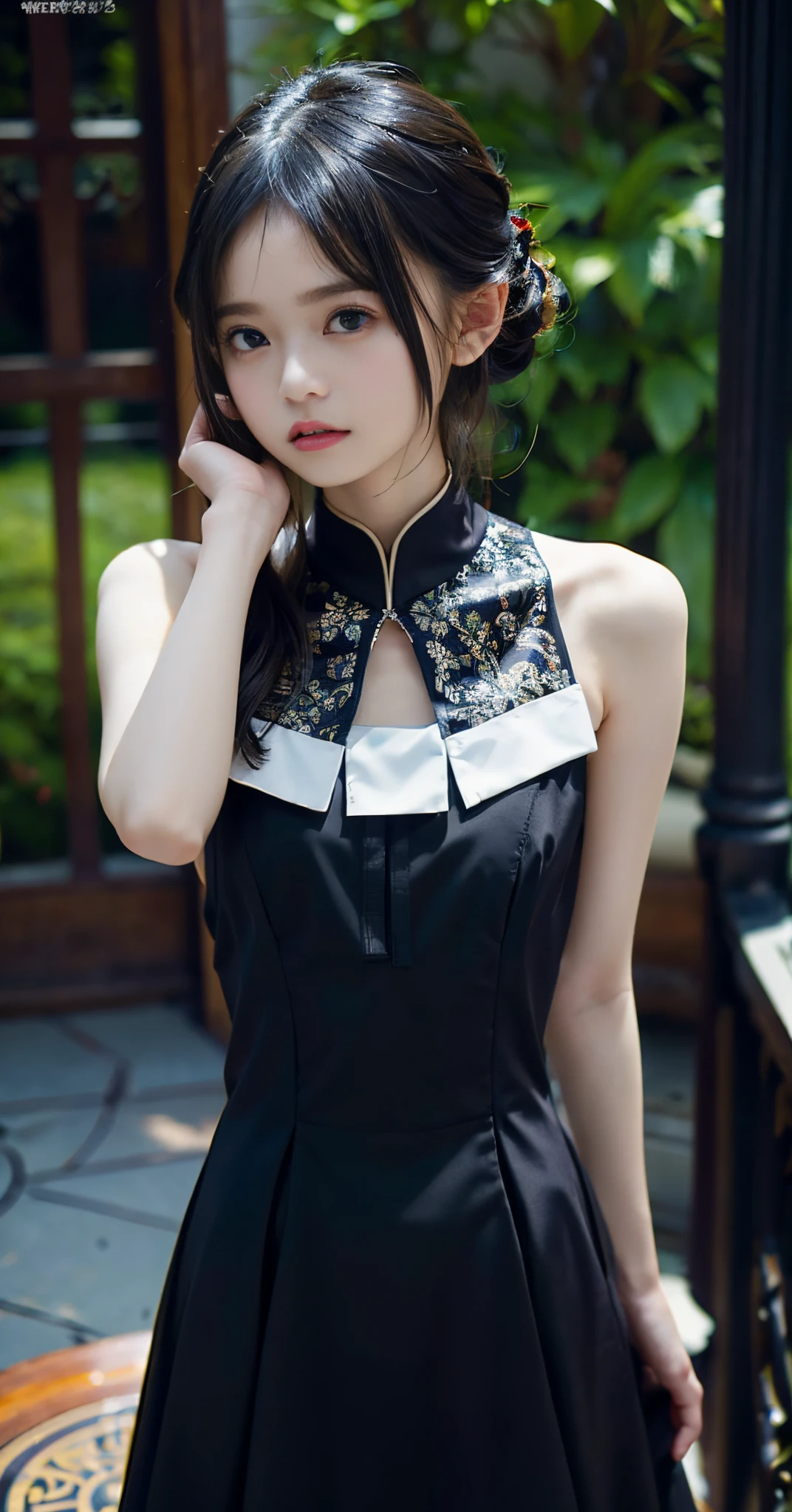 A black-only dress with an exposed belly button、(childish:1.6)、Princess pulling up her hair with her hands、Petite girl、Navel Dresses、Official art、Unity 8k Wallpapers、ultra-detailliert、Beautiful fece、Beautiful fece、masterpiece、top-quality、 optic, Atmosphere, mystery, romanticism, Deities々Shisu, literary, art by, lo fashion, Victorian, ornamented, Complexity, Ironwork, Ren Hao, pondering, emotional depth, Supernatural, 1 rapariga, 独奏, coll