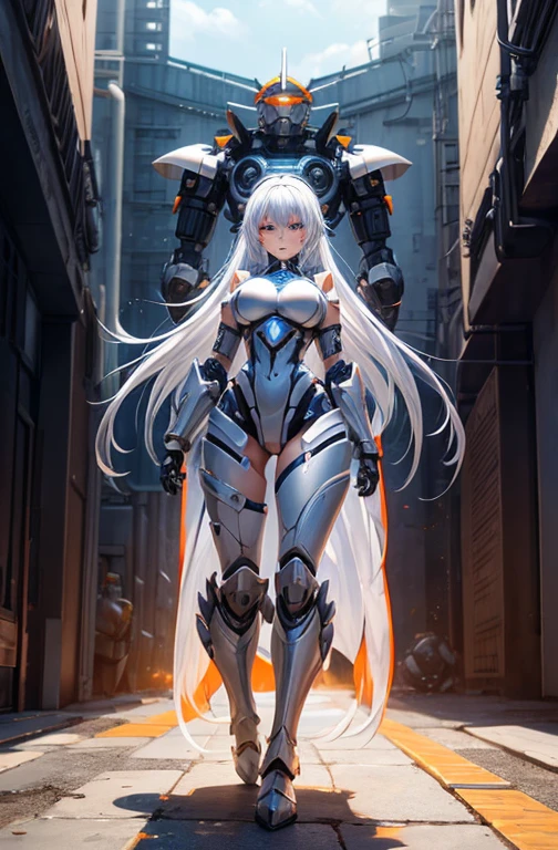 front of the camera, fullbody, girl, white bluish hair, broken technological robotic armor, big breasts, orange details, half-naked, armor shattering, broken armor