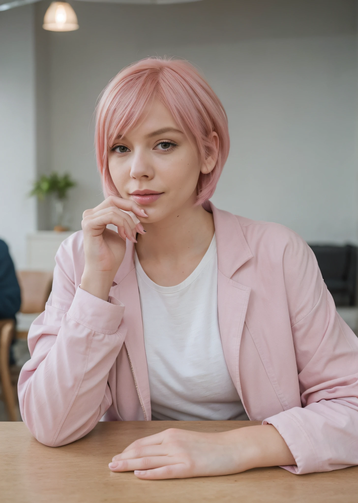 woman with pink medium hair and blue jacket sitting at a table, a photorealistic inspired by Elsa Bleda, unsplash contest winner, photorealism, girl with medium pink hair , pink french bob, hair whitebangs hair, pink short hair, medium pink hair, white french bob hairstyle, chrome bob haircut
