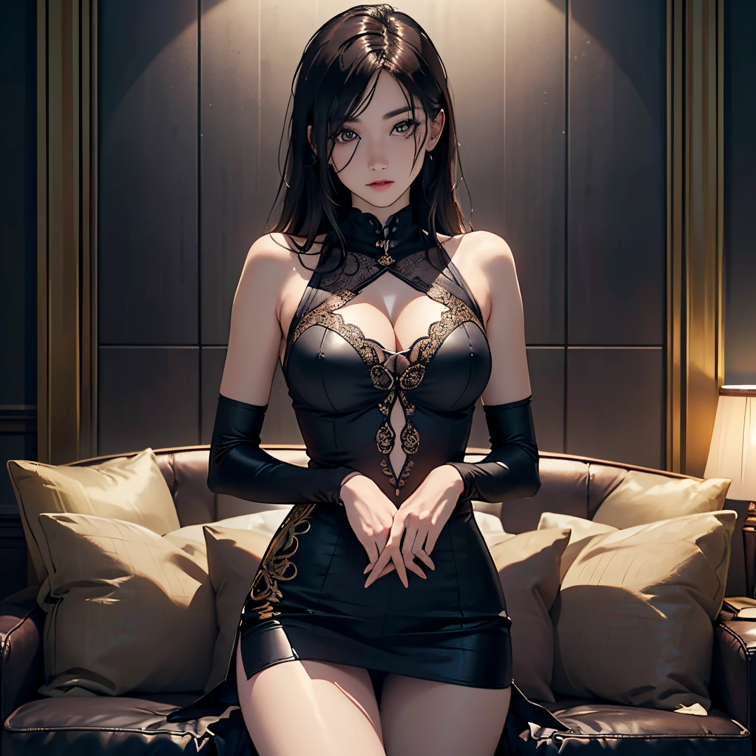 ((Raw photography,top-quality,hight resolution,Ray tracing,nffsw,Best Quality,Post-processing,portlate.3D,),(( dark black leather BDSM,Gorgeous gold embroidery on shiny dark black leather bondage,showy,tight skirts,))),Long black hair,Big breasts that emphasize cleavage:3.0,Thin leg,Brown eyes,Elaborate limb representation,a small nose,Have a perfect body,sleeveless,)))((Limbs are2facing,Number of fingers5Accurately depicted in the book、Hands are lightly clasped,Complex fishnet stockings,pin heels,Precise finger depiction,)),((tthin eyebrows,long eyelashes,smil,二重まぶた,Vibrant eyes,)),No title required,Do not wear anything on your shoulders,Create beautiful light effects on the background,Light Particle Filter,(finerly detailed face:1.3),Luxury hotel rooms,Luxurious room,、16age