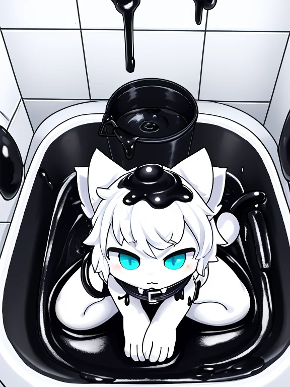 a male white cat，Only the head  exposed in a bucket full of black slime，Covered with mucus，slimes，white cat，collars，Covered with mucus，sink into，Trapped，yoke，Can't break free，（（full of black goo））