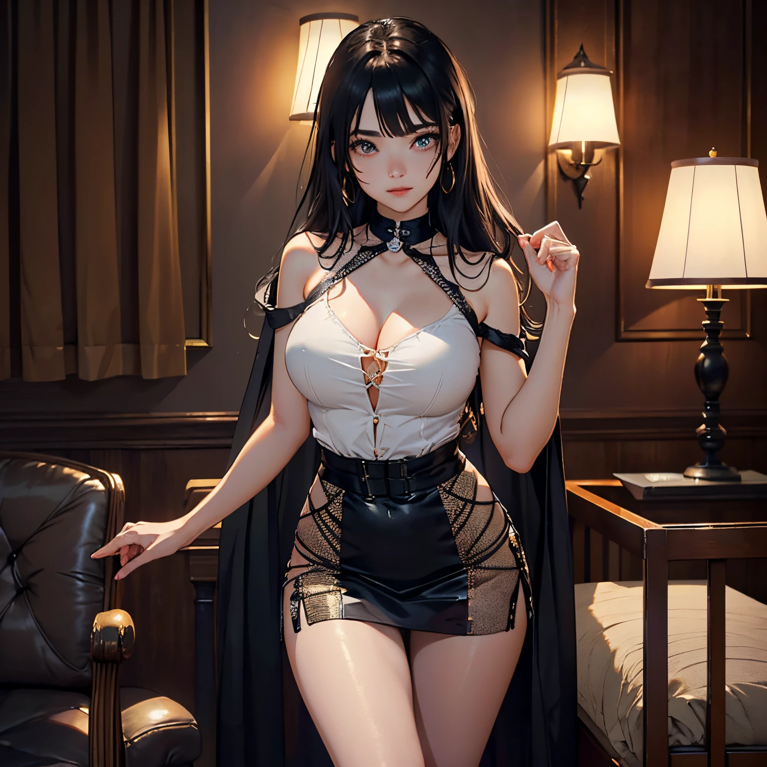 ((Raw photography,top-quality,hight resolution,Ray tracing,nffsw,Best Quality,Post-processing,portlate.3D,),(( dark black leather BDSM,Gorgeous gold embroidery on shiny dark black leather bondage,showy,tight skirts,))),Long black hair,Big breasts that emphasize cleavage:3.0,Thin leg,Brown eyes,Elaborate limb representation,a small nose,Have a perfect body,sleeveless,)))((Limbs are2facing,Number of fingers5Accurately depicted in the book、Hands are lightly clasped,Complex fishnet stockings,pin heels,Precise finger depiction,)),((tthin eyebrows,long eyelashes,smil,二重まぶた,Vibrant eyes,)),No title required,Do not wear anything on your shoulders,Create beautiful light effects on the background,Light Particle Filter,(finerly detailed face:1.3),Luxury hotel rooms,Luxurious room,、16age