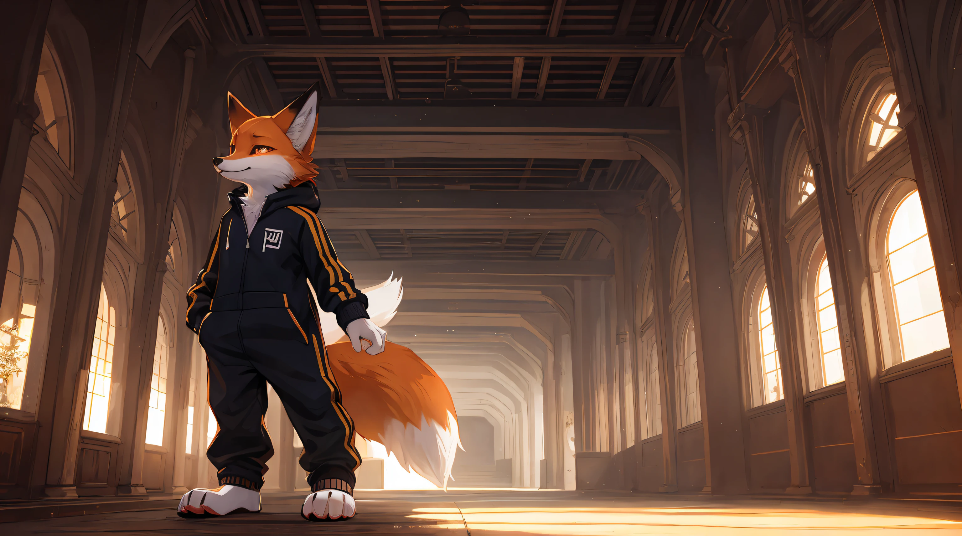 Fox sportswear big furry tail furry paws furry ears good ambient light, Ultra-fine fur、Volumetric light  very detailed,Finest quality furry art