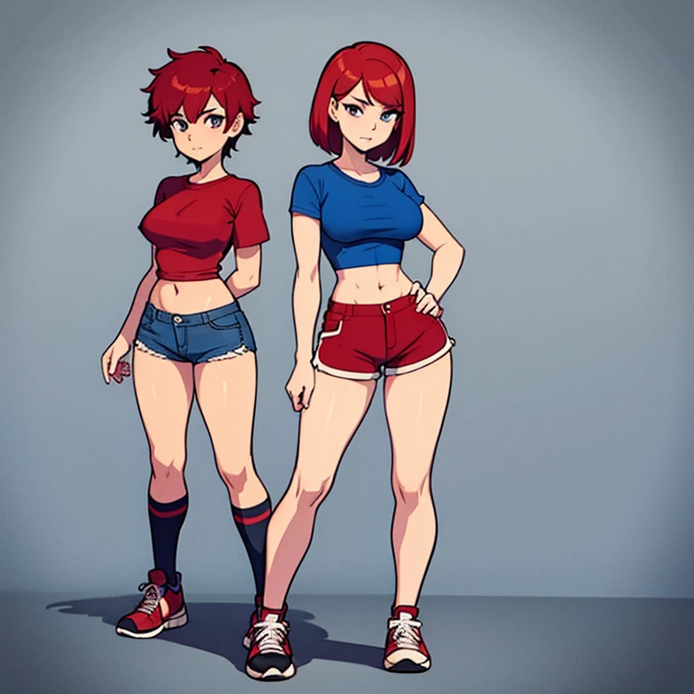 Sexy woman, short red hair, blue crop top t-shirt, tight t-shirt, cutoff shorts, short shorts, knee high socks, sneakers, standing, full body