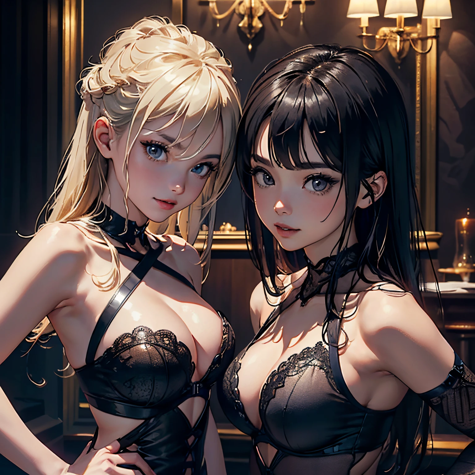 ((Raw photography,top-quality,hight resolution,Ray tracing,nffsw,Best Quality,Post-processing,portlate.3D,),(( dark black leather BDSM,Gorgeous gold embroidery on shiny dark black leather bondage,showy,tight skirts,))),Long black hair,Big breasts that emphasize cleavage:3.0,Thin leg,Brown eyes,Elaborate limb representation,a small nose,Have a perfect body,sleeveless,)))((Limbs are2facing,Number of fingers5Accurately depicted in the book、Hands are lightly clasped,Complex fishnet stockings,pin heels,Precise finger depiction,)),((tthin eyebrows,long eyelashes,smil,二重まぶた,Vibrant eyes,)),No title required,Do not wear anything on your shoulders,Create beautiful light effects on the background,Light Particle Filter,(finerly detailed face:1.3),Luxury hotel rooms,Luxurious room,、16age