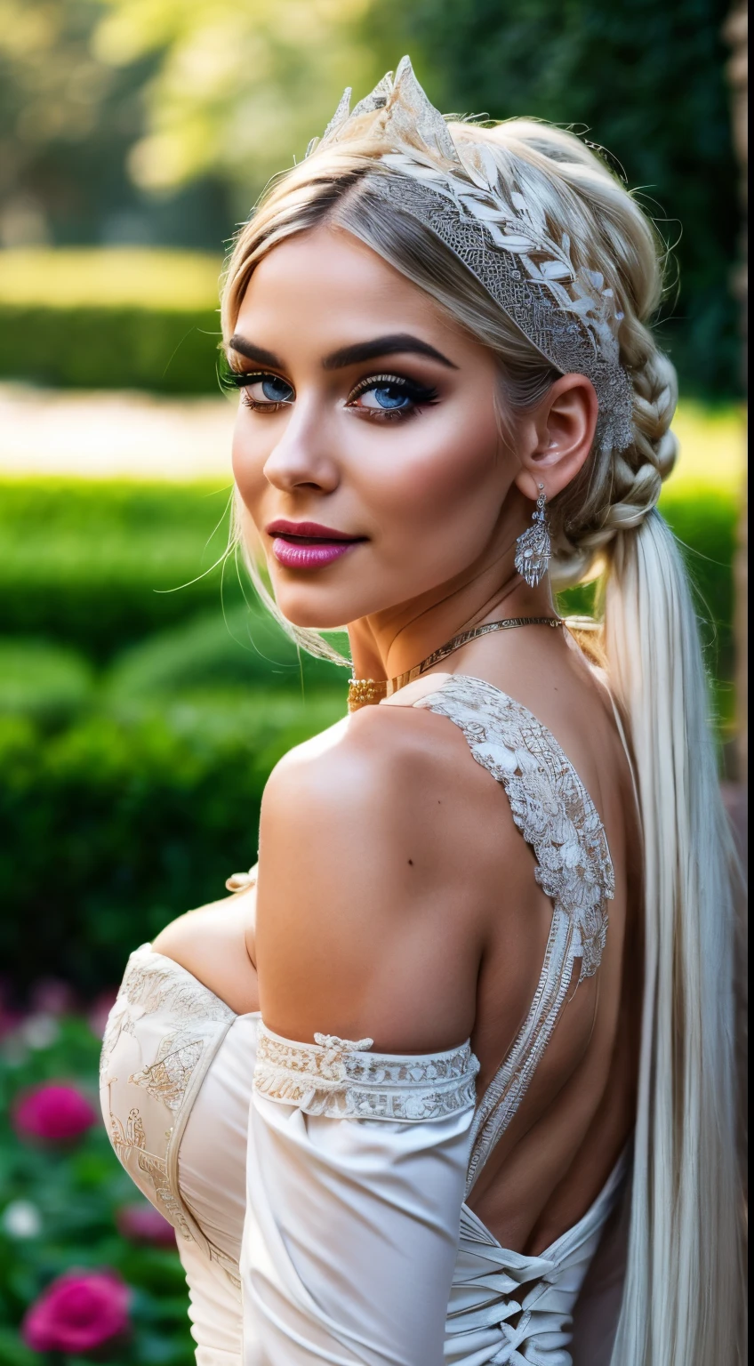 (masutepiece, Best Quality), ultra-detailliert, Photorealsitic, Beautiful woman with white hair, ((Victorian style maxi dress with intricate embroidery decoration)), Lace Accessories, head piece, Luxury Jewelry, garter stocking, Braided high heels, a necklace, Wavy Hair, Perfect face, Beautiful face, enticing, big gorgeous eyes, Blue eyes, I have my mouth wide open, heavy make up, Beige lips, Dark Eye Makeup, seducting smile, Glamorous body, Voluptuous body, Big ass, Flower Garden, Walking in the garden