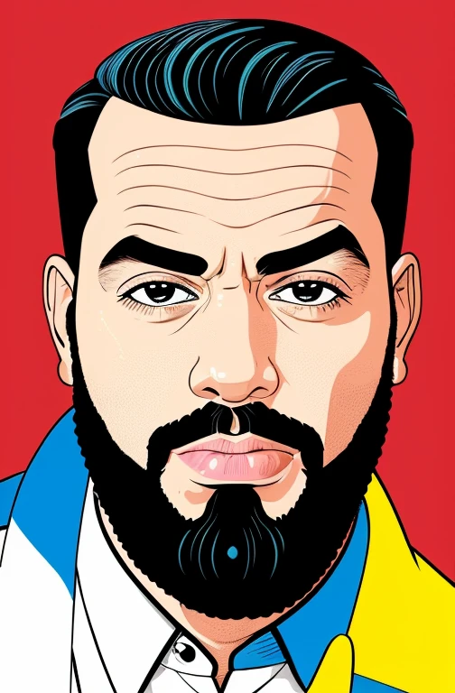 Cara gordinho imenso e gordinho com coxas extremamente grossas vestindo apenas sunga amarela ou colorida, Gordinho e Barbudo, Intenso, visual chave, intrincado, altamente detalhado, lineart preciso, Vibrando, Comprehensive cinematomatics, Griffiths Carne Bovina, Conrado Roset, (o retrato mais bonito do mundo:1.5) cena de fundo popart, Fotografia Centrada, Gargalhando, Gargalhando, ao fundo pop ART.