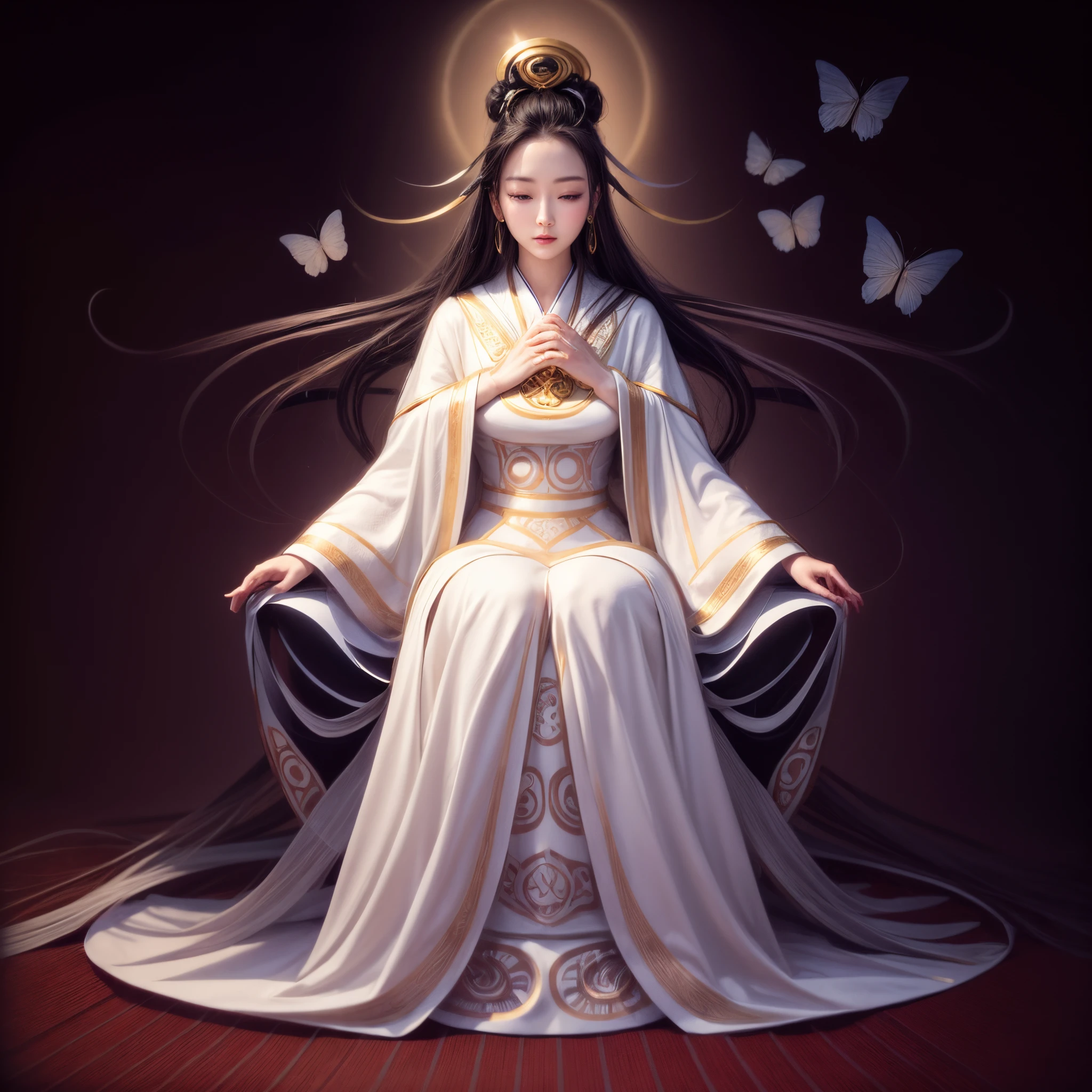 Masteripece, high-quality, beautiful Chinese goddess, with long flowing black hair, full lips, beautiful eyes, four arms, wearing a stylized long white kimono dress, sitting on a throne of power and glory, with a royal bun on her head, and in the background a full moon setting, and from its two sides, bright butterflies fly, beautiful hyperrealistic fantasy digital art, a beautiful photorealistic Chinese white goddess, a beautiful pious goddess with intricate details, all-powerful goddess, celestial divinity, queen of pure light, lady of eternity, a kind divine feminine entity.