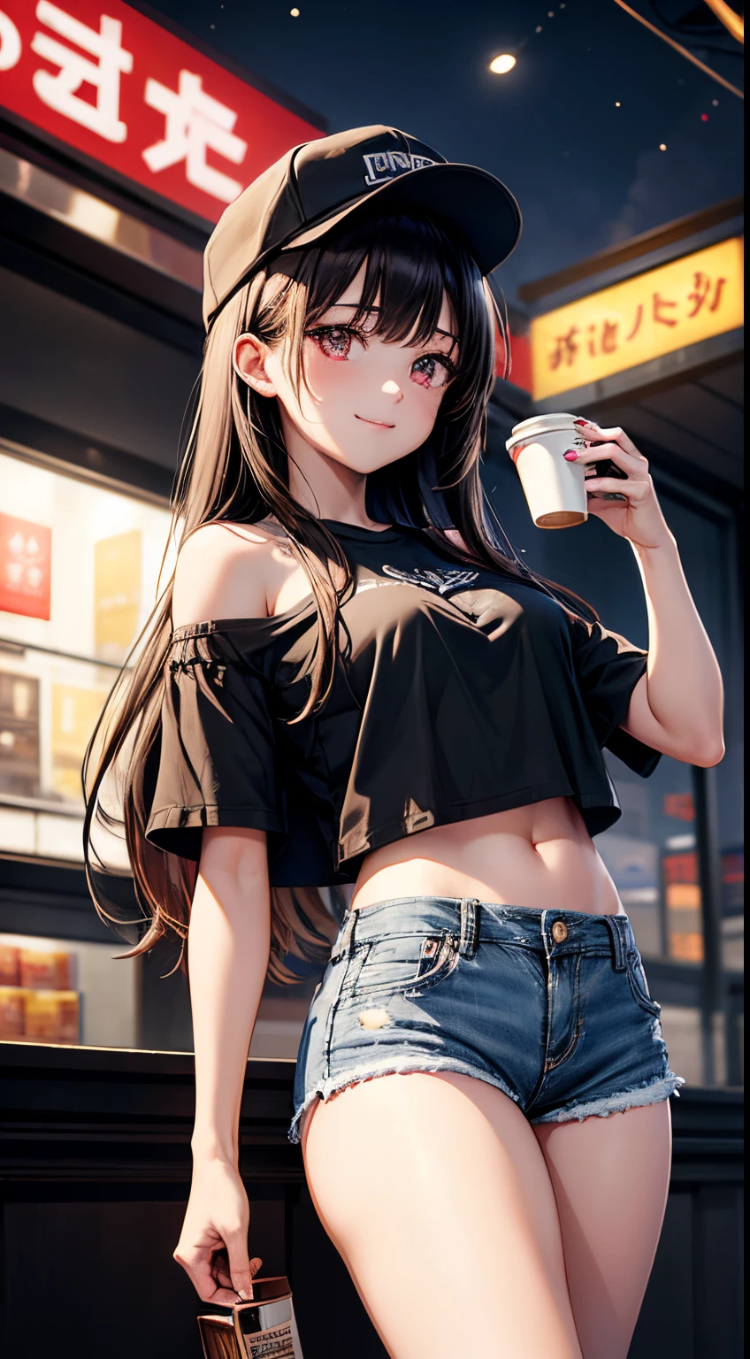 (masterpiece, Best Quality, ultra-detailed, high resolution, extremely detailed CG, official art, Professional Lighting, Perfect Anatomy, anime colors), (from below), looking at viewer, cowboy shot, perfect body, 24yo beautiful 1girl, Large breasts, black t-shirt, bare shoulder, bare stomach, denim micro shorts, skindantation, bare legs, hip-hop cap, nail_polish, pale skin, gleaming skin, black hair, long hair, side locks, Straight hair, pink eyes, (smile), Waiting friend,
break (dark night:1.5), tokyo, (convenience store:1.3), outdoor, (depth of field:1.5),
break walking, (Hold a coffee in your hand:1.3)
